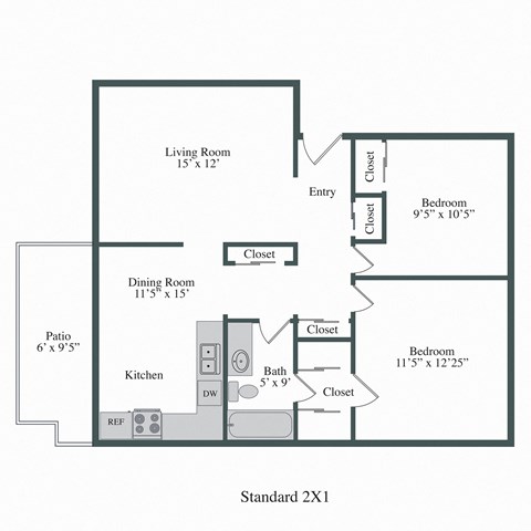 Floor plan for 2 beds, 1 bath, 830 sqft